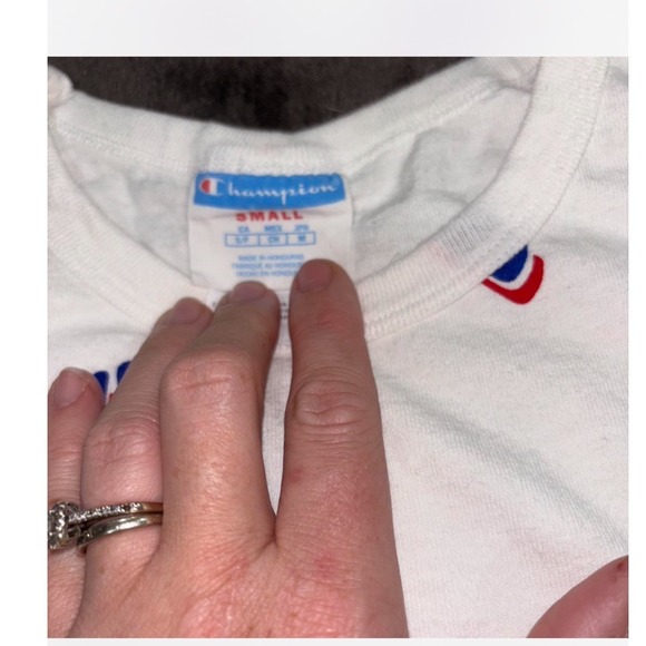 Champion All Over Logo Script Print T Shirt White Blue Red Small - Picture 3 of 7
